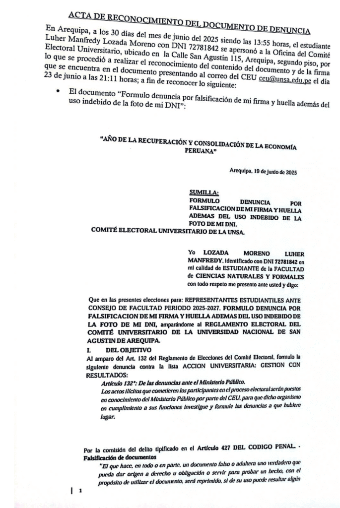 En la denuncia se responsabiliza al personero de Acción Universitaria, Gabriel Huamani.